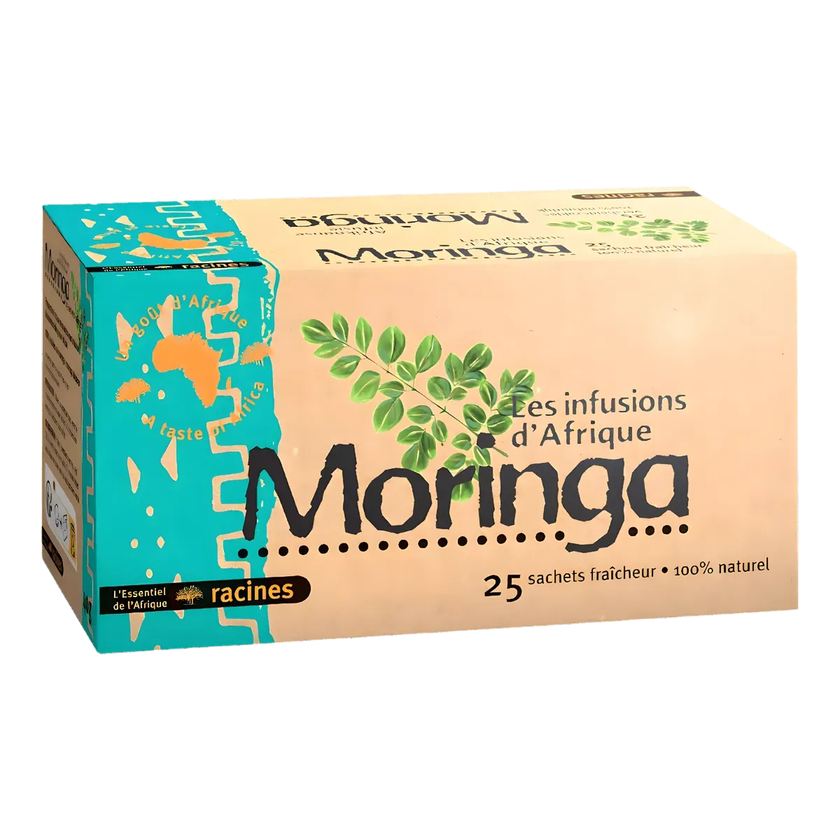 Boîte de 25 sachets d'infusion Moringa RACINES, 100% naturelle, aux bienfaits d'Afrique et notes végétales sucrées.